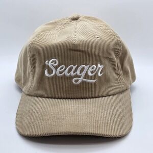 Seager Grit Company Hat Cap Snap Back Beige Corduroy White Script Logo Men's